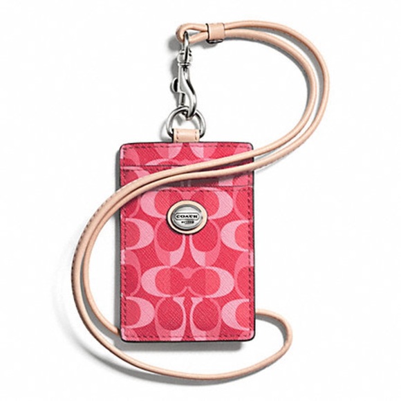 New with Tags COACH PEYTON DREAM C LANYARD ID F66799 SILVER/BRIGHT CORAL/TAN - Picture 1 of 3